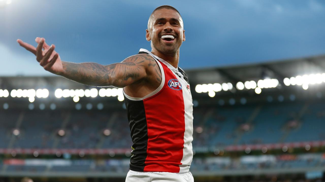 Bradley Hill of the Saints celebrates one of his four goals against the Hawks. Picture: Michael Willson