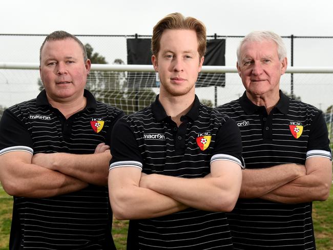 Three generations of Hoppers Crossing Soccer Club players (L-R) Scott, Ryan and Keith Murray. Picture: Kylie Else