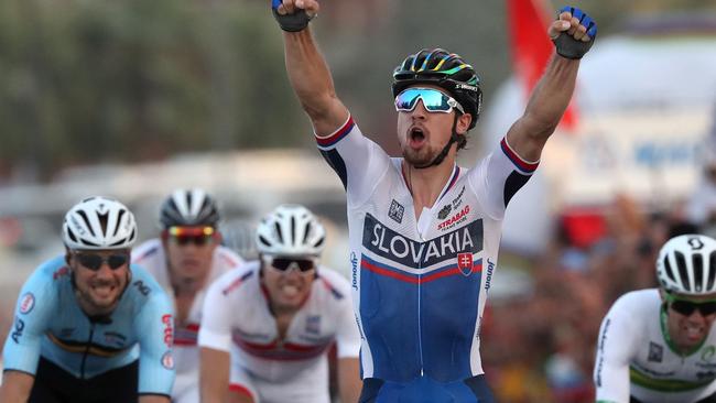 Peter Sagan celebrates winning the 2016 World Championships in Doha. Photo: AFP /Karim Jaafar