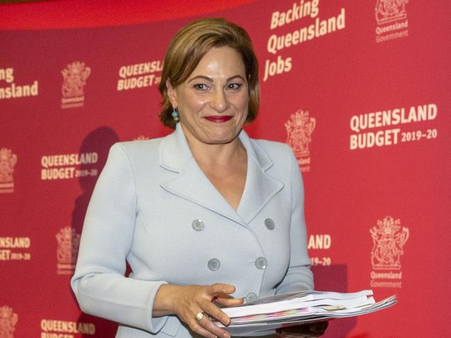 Queensland Treasurer Jackie Trad leaves a press briefing where she delivered the state government's 2019-20 Queensland budget to journalists at Parliament House in Brisbane, Tuesday, June 11, 2019.(AAP Image/Glenn Hunt) NO ARCHIVING