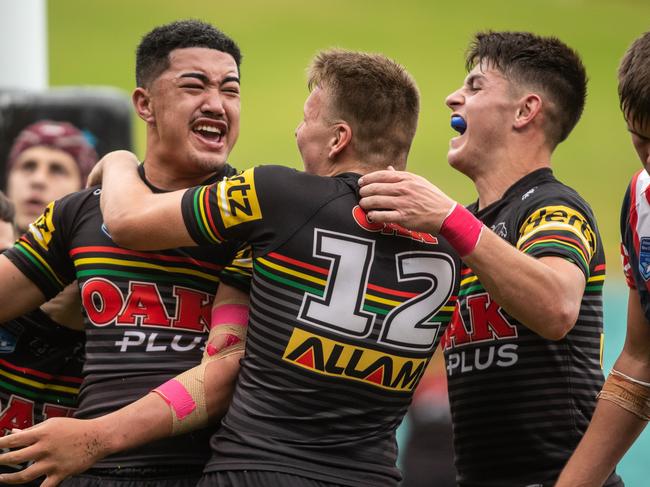 Action pictures from the elimination finals at Leichhardt Oval on 17th April 2021. Harold Matthews game between Panthers v Roosters.Picture shows:Penriths Captain Luron Patea scores the decisive final try.(Pictures by Julian Andrews).