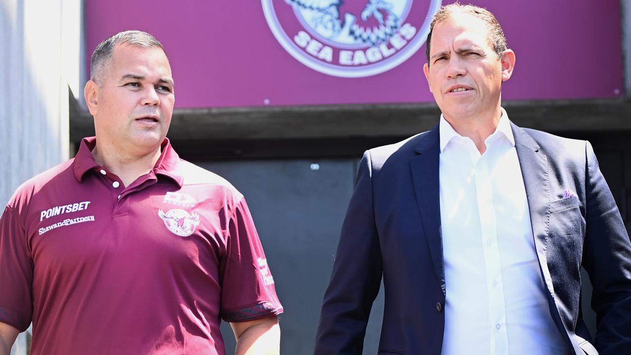 Manly Sea Eagle Coach Anthony Seibold and CEO Tony Mestrov. Picture: Jeremy Piper