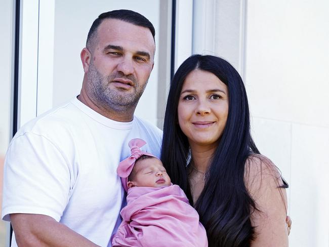 WEEKEND TELEGRAPH - 26.4.24MUST CHECK WITH PIC EDITOR BEOFRE USE - Danny and Leila Abdallah pictured with their newborn baby (not yet named) at home in Oatlands today. Picture: Sam Ruttyn