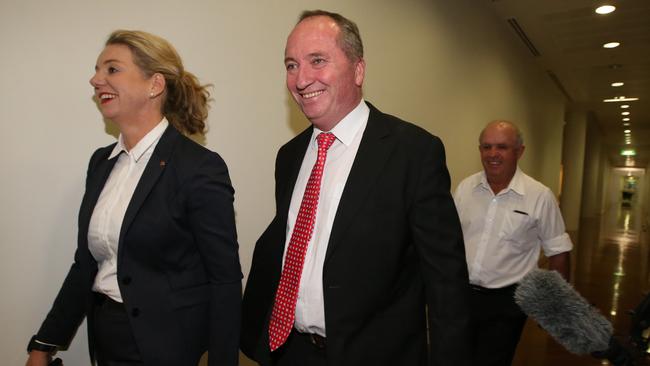 Senator Bridget McKenzie, Barnaby Joyce and John ‘Wacka’ Williams head to the Nationals party room meeting this morning. Picture: Kym Smith