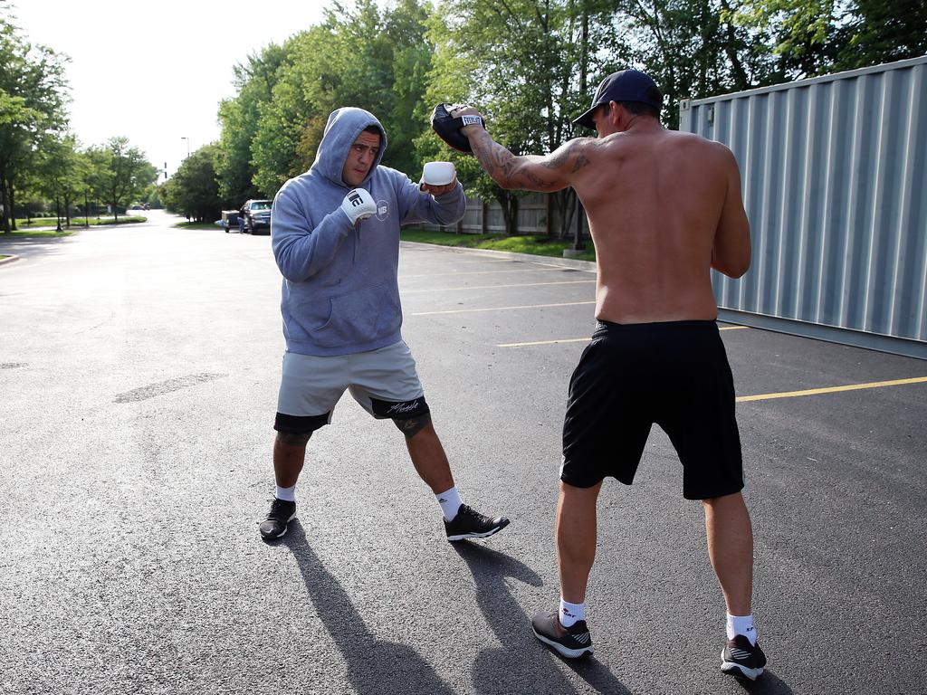 A day in the life of heavyweight UFC fighter Tai Tuivasa before he fights in UFC 225 on the weekend in Chicago, USA. Tai training in the car park of his hotel 90mins out of town. Picture: Sam Ruttyn