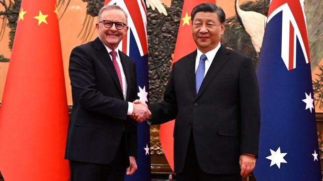 FEE'S APPLY. Australia's Prime Minister Anthony Albanese meets with China's President Xi Jinping at the Great Hall of the People in Beijing, China, Monday, November 6, 2023. Anthony Albanese will hold talks in China with President Xi Jinping in the first visit to the Asian nation by a sitting prime minister since 2016. (AAP Image/Lukas Coch) NO ARCHIVING