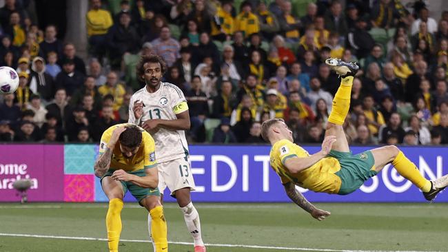 A Riley McGree bicycle kick narrowly missed in the dying moments of Australia’s nil-all draw with Saudi Arabia on Thursday. Picture: Darrian Traynor / Getty Images