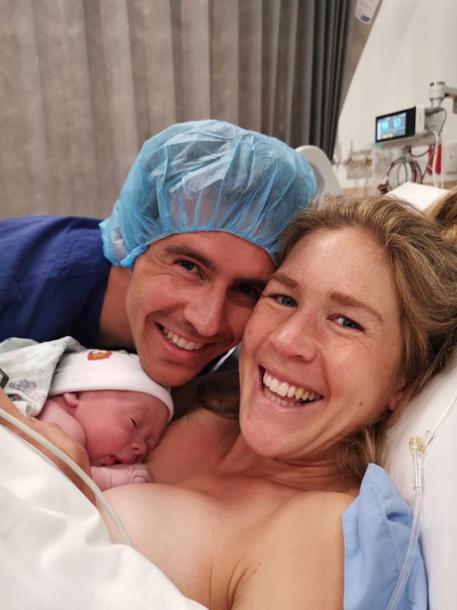 Dylan and Jessica Stenson and their baby boy Billy Samuel pictured shortly after his birth in 2019. Picture: Supplied by Jessica Stenson.