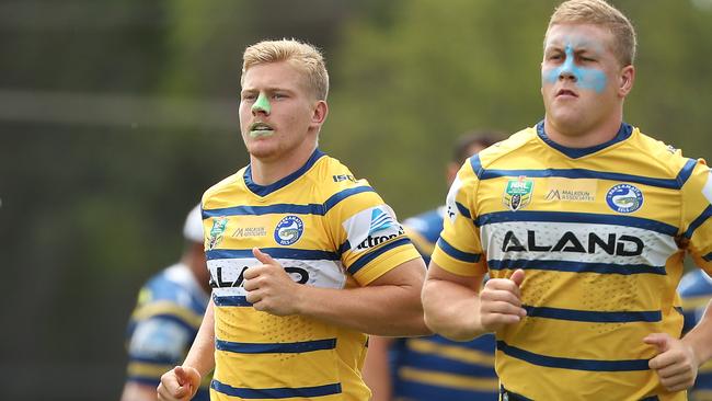 Rhys Davies and Daniel Alvaro during Parramatta NRL training at Kellyville Park, Kellyville. Picture: Brett Costello