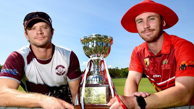 District cricket grand final captains Alex Bleakley (Palmerston) and Isaac Conway (Waratah) with the premiership cup. Picture: Katrina Bridgeford.