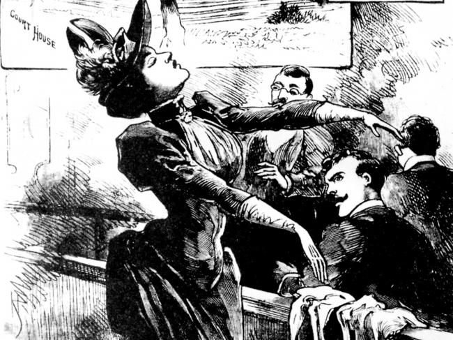 Poster of USA alleged murderer Lizzie Borden, who was charged with mudering her father and stepmother with an axe in 1892.