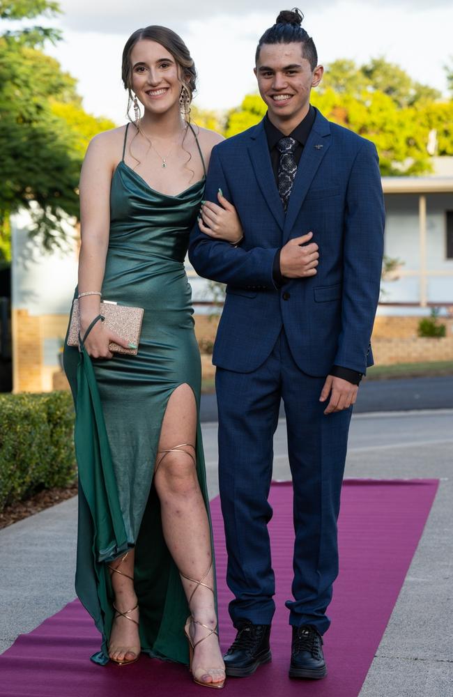 Cooper Smal and Rhiannon Hill, graduating class of 2023, arrive at St Patrick’s Formal on Friday, May 5, 2023. Gympie, Queensland. Picture: Christine Schindler