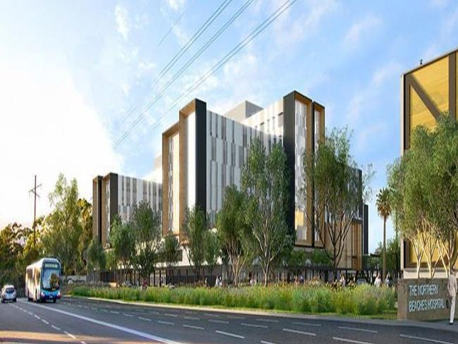 An artists impression of the $500m Frenchs Forest hospital. New property numbers are now being revised in response to traffic reports.