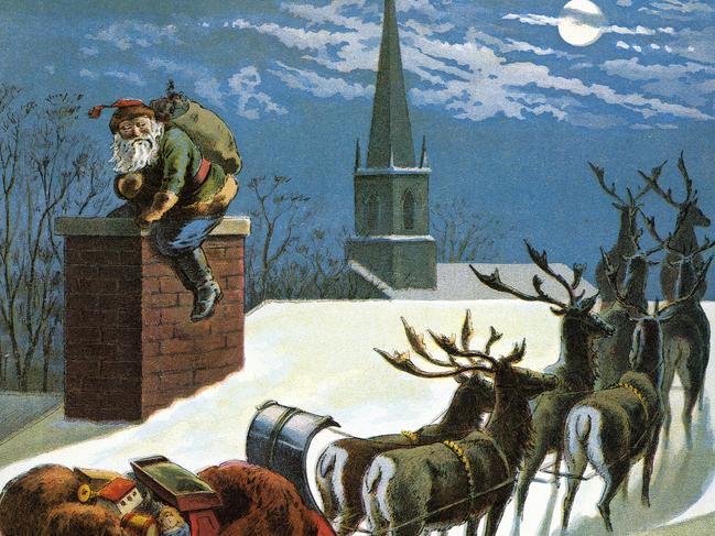 Vintage illustration from the poem 'The Night Before Christmas, or a Visit from St Nicholas' of Santa's sleigh on a rooftop while Santa goes down the chimney on Christmas Eve; color lithograph by William Roger Snow, 1918.  The poem illustrated was written by Clement Clark Moore in 1822, and first established the modern visualization of Santa Claus. (Photo by GraphicaArtis/Getty Images)