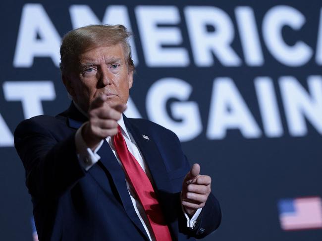 NORTH CHARLESTON, SOUTH CAROLINA - FEBRUARY 14: Republican presidential candidate, former U.S. President Donald Trump gestures to supporters after speaking at a Get Out The Vote rally at the North Charleston Convention Center on February 14, 2024 in North Charleston, South Carolina. South Carolina holds its Republican primary on February 24.   Win McNamee/Getty Images/AFP (Photo by WIN MCNAMEE / GETTY IMAGES NORTH AMERICA / Getty Images via AFP)