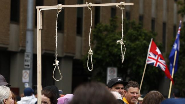 A gallows with nooses was erected during a rally on the weekend. Picture: Daniel Pockett