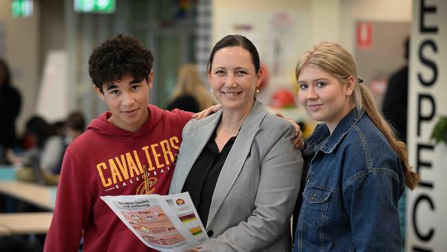 Queensland Pathways State College principal Kristie de Brenni with student Jager and graduate Ruby. Picture: Lyndon Mechielsen/The Australian