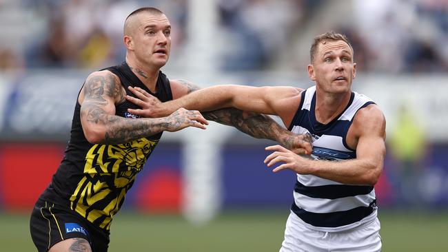 Dustin Martin and Joel Selwood go head-to-head on Saturday. Picture: Michael Klein