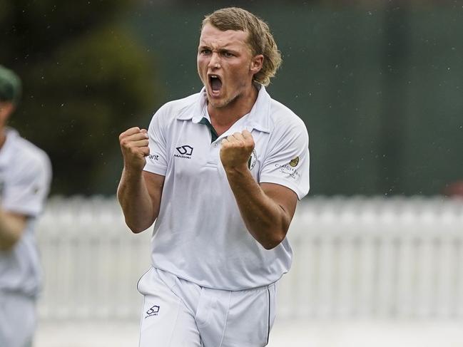 VTCA grand final: Craigieburn v Sunshine. Craigieburn bowler Zac Orr celebrates the wicket of Troy Stone. Picture: Valeriu Campan