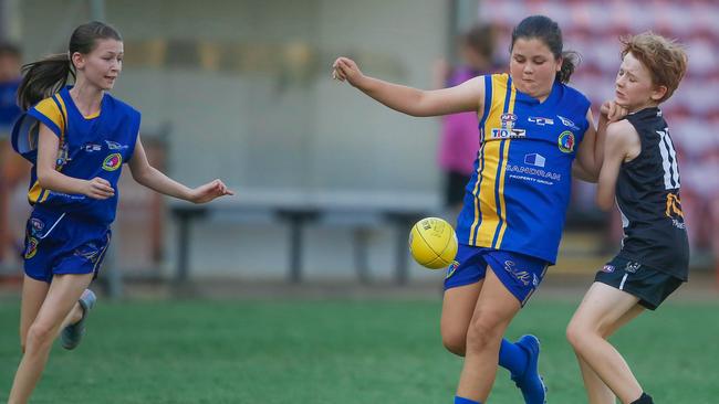 Lily Brown on the charge for the Wanderers Football Club all-girl U12s team, who call themselves the Knuckleheads. Picture: Glenn Campbell