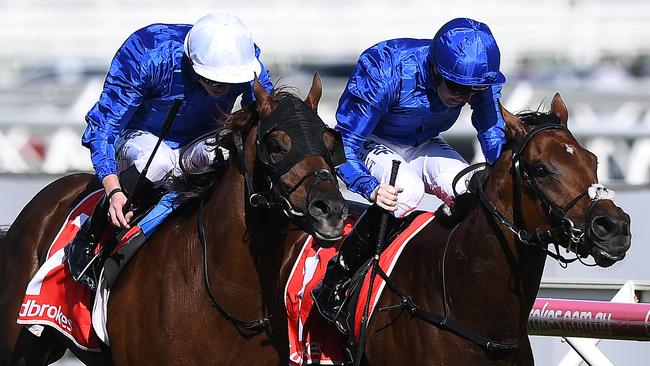 Blair House (left) pushed eventual Cox Plate runner-up Benbatl all the way in the Ladbrokes Stakes at Caulfield. Picture: AAP