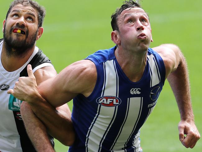 AFL Round 1.  North Melbourne vs St Kilda at Marvel Stadium..  22/03/2020.   Paddy Ryder of the Saints and Todd Goldstein of the Kangaroos battle at a boundary throw in  . Pic: Michael Klein