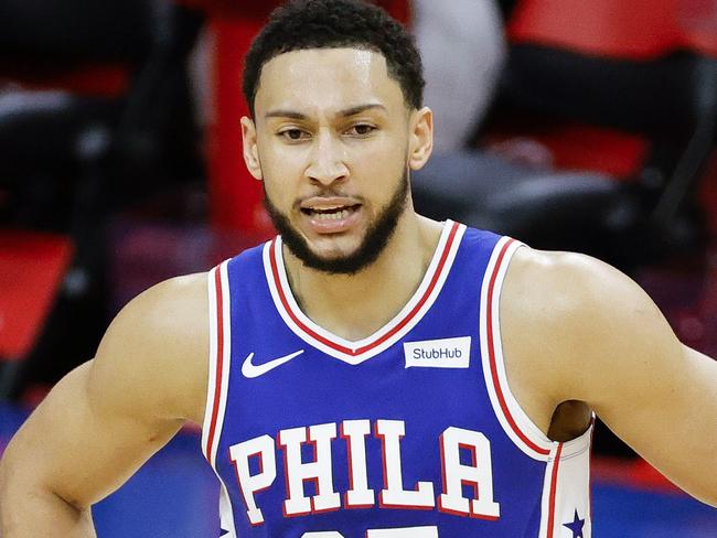 PHILADELPHIA, PENNSYLVANIA - MARCH 01: Ben Simmons #25 of the Philadelphia 76ers calls to teammates during the third quarter against the Indiana Pacers at Wells Fargo Center on March 01, 2021 in Philadelphia, Pennsylvania. NOTE TO USER: User expressly acknowledges and agrees that, by downloading and or using this photograph, User is consenting to the terms and conditions of the Getty Images License Agreement.   Tim Nwachukwu/Getty Images/AFP == FOR NEWSPAPERS, INTERNET, TELCOS & TELEVISION USE ONLY ==