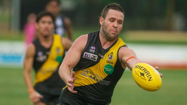 Andrew Hooper was busy for the Nightcliff Tigers against Wanderers in Round 13 of the 2022-23 NTFL season. Picture: Glenn Campbell