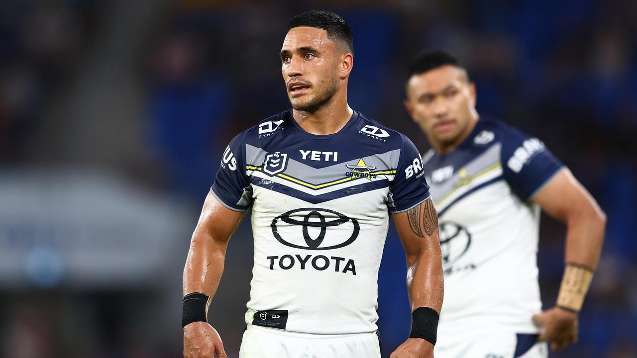 GOLD COAST, AUSTRALIA - MAY 12: Valentine Holmes of the Cowboys looks on during the round 10 NRL match between Gold Coast Titans and North Queensland Cowboys at Cbus Super Stadium, on May 12, 2024, in Gold Coast, Australia. (Photo by Chris Hyde/Getty Images)