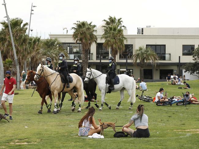 Mounted police patrol St Kilda foreshore. Picture: Daniel Pockett