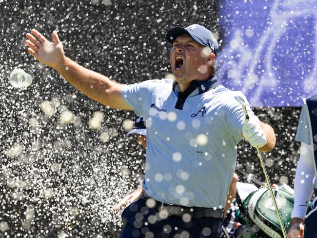 Patrick Reed of 4Aces GC reacts to his hole-in-one on the 12th hole during the first round of LIV Golf Adelaide at Grange Golf Club on Friday, February 14, 2025 in Adelaide, Australia. (Photo by Jon Ferrey/LIV Golf)