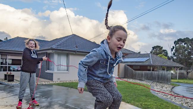 Leah, 7, plays at home in Forest Hill. Picture: Jason Edwards