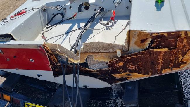 The damage done to Jason Donovan’s boat in a serious crash on the Hawkesbury River.