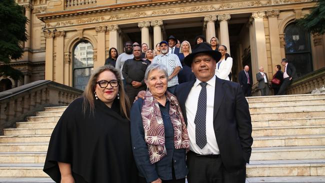 Megan Davis, Pat Anderson and Noel Pearson join The Sydney Peace Foundation at Sydney Town Hall, where The Uluru Statement from the Heart was announced as the winner of the 2021 Sydney Peace Prize. Picture: Britta Campion