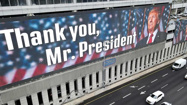 A billboard on the facade of a Tel Aviv hotel welcomes the views of US President Donald Trump. Picture: AFP