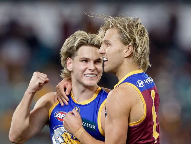 BRISBANE, AUSTRALIA - JULY 07: Will Ashcroft of the Lions celebrates a goal during the 2024 AFL Round 17 match between the Brisbane Lions and the Adelaide Crows at The Gabba on July 07, 2024 in Brisbane, Australia. (Photo by Russell Freeman/AFL Photos via Getty Images)