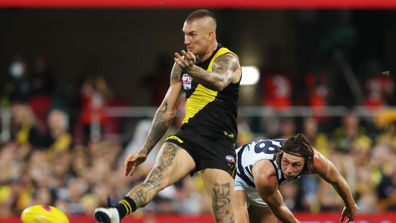 Dustin Martin slots one of his incredible goals in the 2020 grand final. Picture: Michael Klein