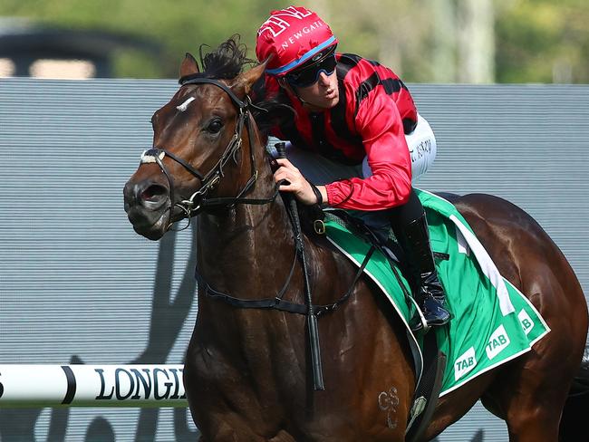 SYDNEY, AUSTRALIA - OCTOBER 07: Tommy Berry riding  King's Gambit wins Race 5 TAB Roman Consul Stakes during Hill Stakes Day - Sydney Racing at Rosehill Gardens on October 07, 2023 in Sydney, Australia. (Photo by Jeremy Ng/Getty Images)