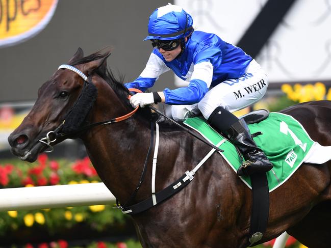 Nic's Vendetta ridden by Mikayla Weir wins race 1, the TAB Highway Handicap during the All Aged Stakes Day at Royal Randwick racecourse in Sydney, Saturday, April 21, 2018. (AAP Image/David Moir) NO ARCHIVING, EDITORIAL USE ONLY
