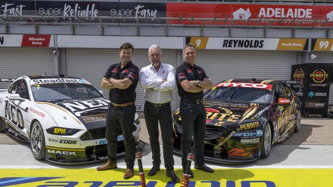 Adam Gillick (Pedders), Shane Howard (Supercars COO), Les Schearn (Supashock) at the Superloop Adelaide 500 supercars championship in Victoria Park, Adelaide.