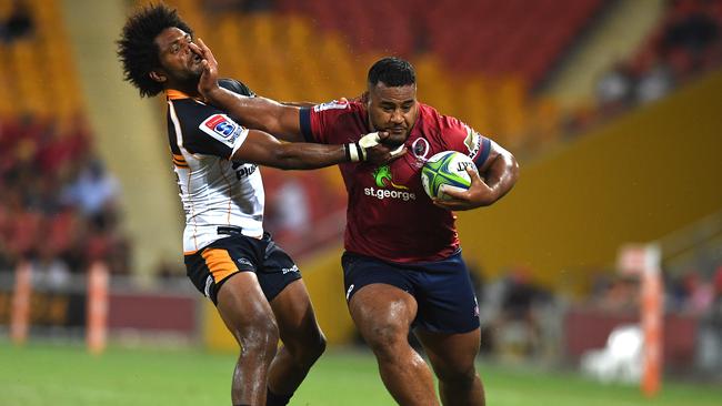 Taniela Tupou of the Reds (right) pushes Henry Speight of the Brumbies during the Round 3 Super Rugby match between the Queensland Reds and the Brumbies at Suncorp Stadium in Brisbane, Friday, March 2, 2018. (AAP Image/Dan Peled) NO ARCHIVING, EDITORIAL USE ONLY