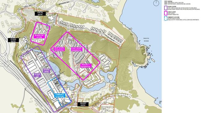 A map shows the proposed layout of Pacific Bay Resort Studios and Village.