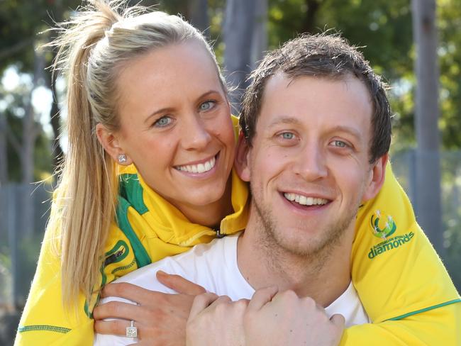 Joe Ingles (Boomers and NBA Utah Jazz basketballer) with fiancee Renae Hallinan (Australian Diamonds netballer and Adelaide Thunderbirds captain ) at Olympic Park. Photo: Bob Barker.