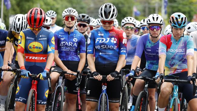 A minute’s silence for Melissa Hoskins before the road national cycling championships began on Sunday. Picture: Con Chronis/AusCycling