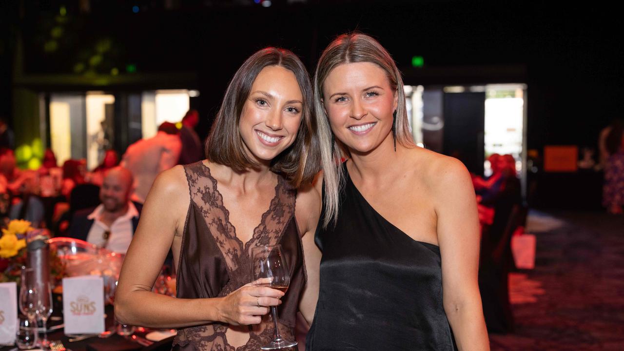 Georgia Swallow and Renee Nourse at the Gold Coast Suns Long Lunch at The Star Gold Coast. Picture: Celeste Humphrey (The Pulse with Portia Large).