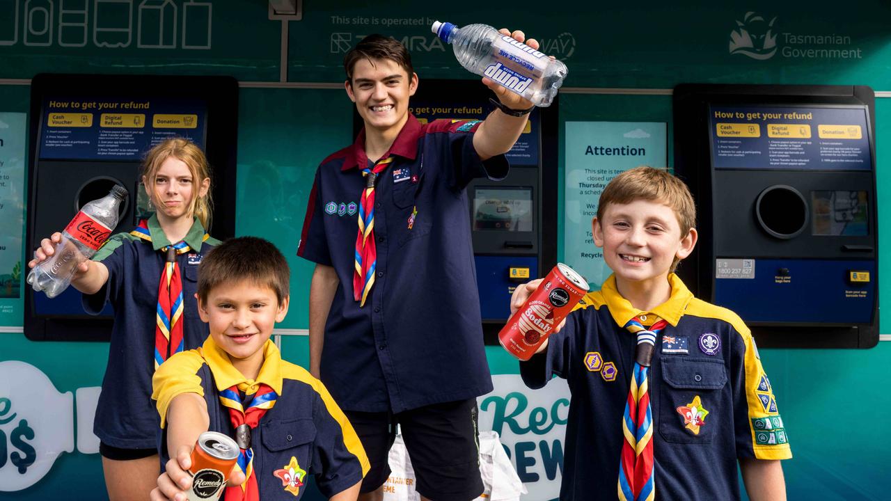 Scouts Tasmania members Jasmine Harper, Phoenix McCarthy, Xavier Webster, Vincent Webster at the official start of the Recycle Rewards container refund program at the Resource Work Cooperative at South Hobart Tip Shop. Picture: Alastair Bett