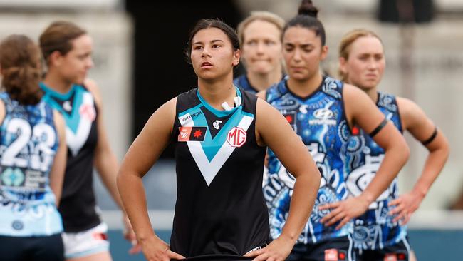 Port Adelaide’s Hannah Ewings reacts after the final siren. Picture: Michael Willson/AFL Photos via Getty Images