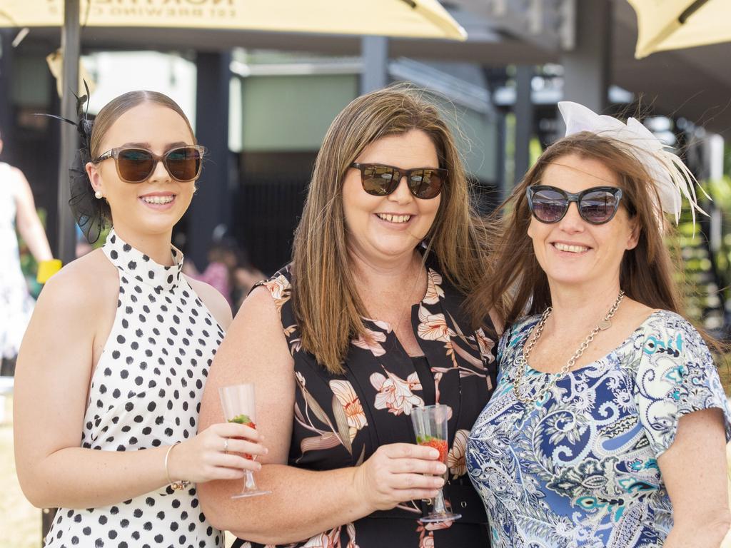 Lily Sawyer, Nicole Sawyer and Petah Sloane at the Bridge Toyota Ladies' Day. Picture: Floss Adams