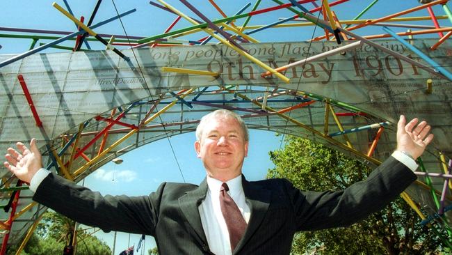 Then-Hume City Councillor Gary Jungwirth pictured with the Federation arch in St Kilda Rd in 2003.