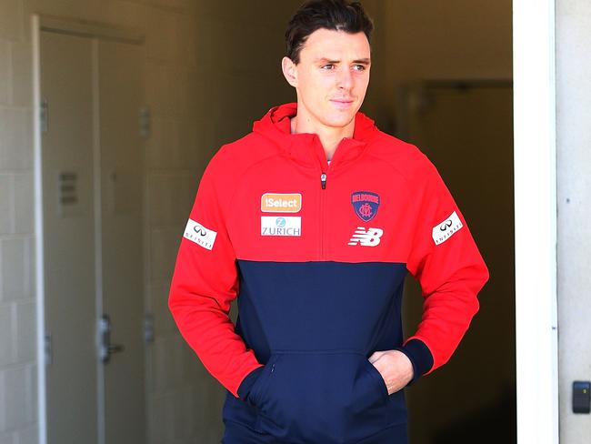 MELBOURNE, AUSTRALIA - JUNE 04:  Jake Lever of the Demons walks out to face a media conference during a Melbourne Demons AFL training session at AAMI Park on June 4, 2018 in Melbourne, Australia. Lever injured his knee while playing on the weekend and will require a season ending knee reconstruction. (Photo by Michael Dodge/Getty Images)